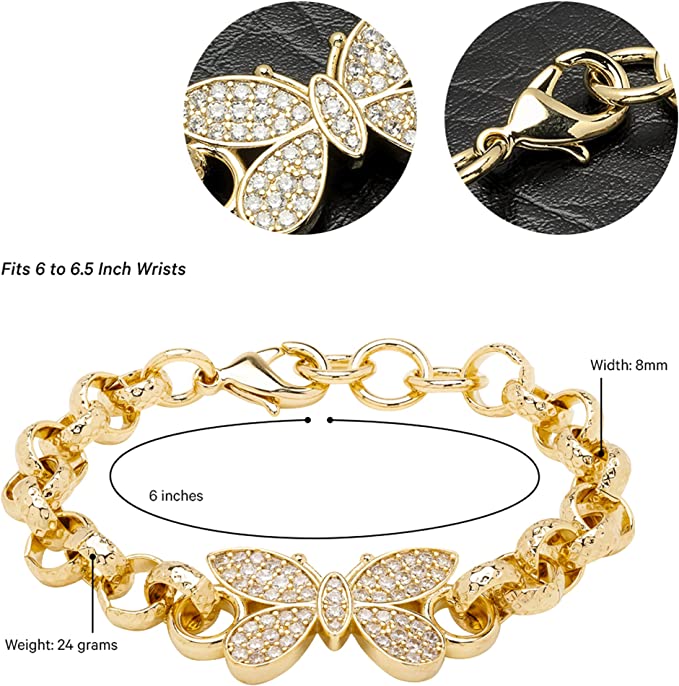8mm Gold Butterfly Belcher Bracelet Stones 6/6.5 Inch