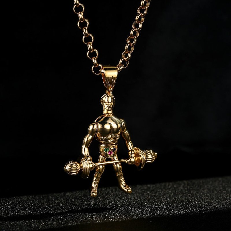 Gold Articulated Weightlifter Pendant with Stones and Gold Filled Belcher Chain