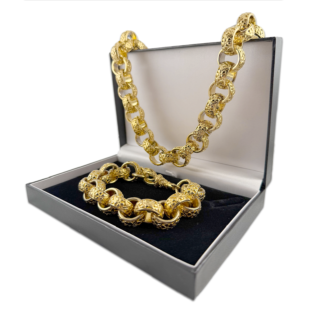 Gold XXL Ornate Belcher Chain &amp; Bracelet Set 20mm
