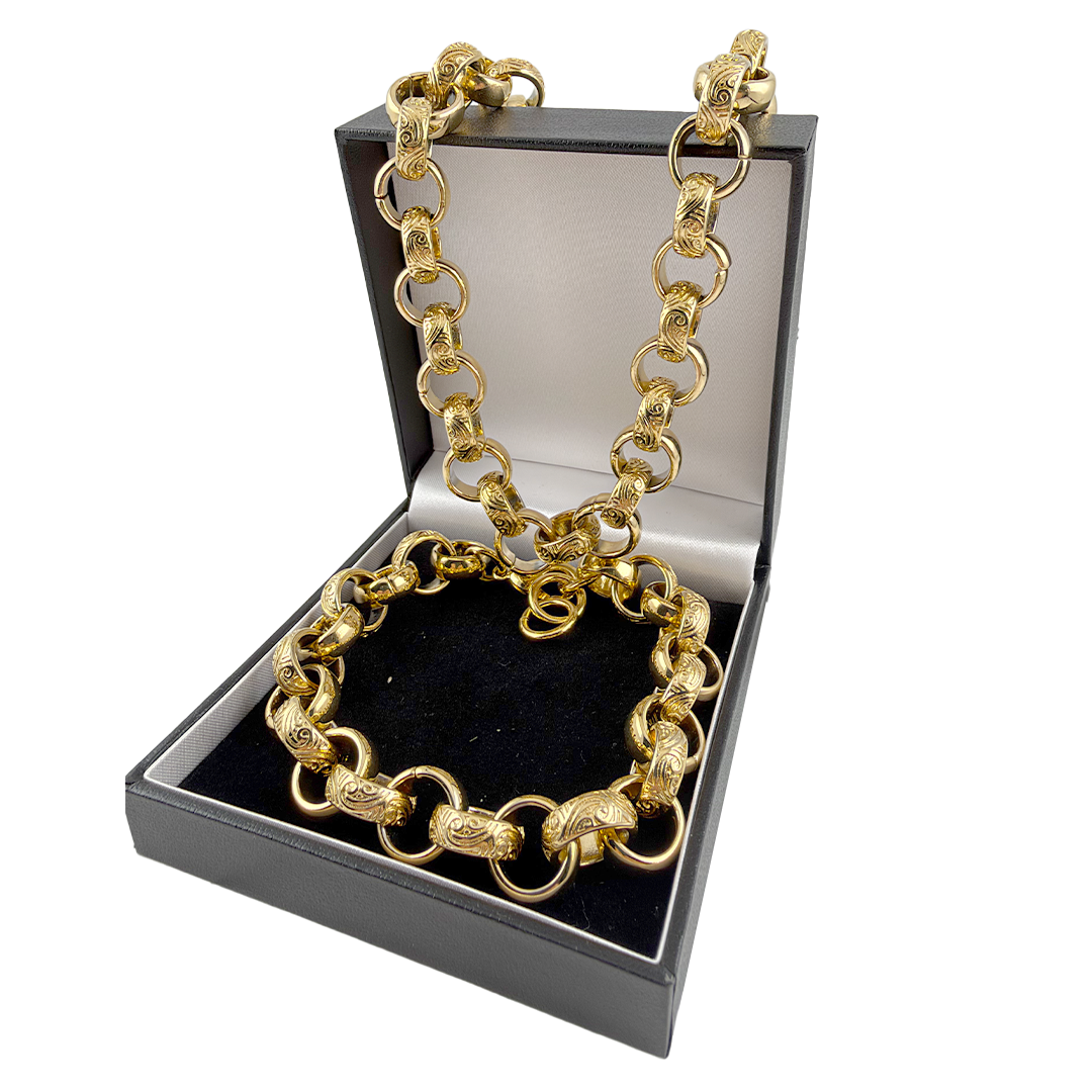 Gold Ornate Filigree Belcher Chain &amp; Bracelet Set 15mm