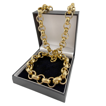 Gold Ornate Filigree Belcher Chain &amp; Bracelet Set 15mm