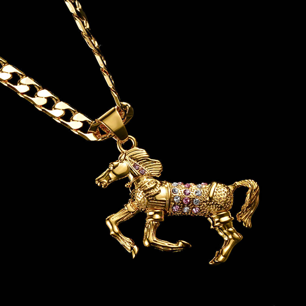 New Gold Horse Pendant with Pink Stones on 24-Inch 4mm Cuban Chain