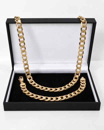 Gold Cuban Curb Chain &amp; Bracelet Set 9mm