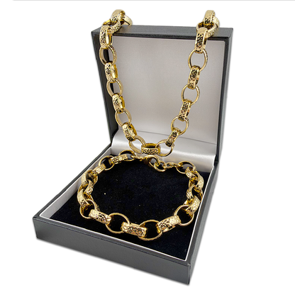 Gold Hammered Oval Belcher Chain &amp; Bracelet Set 10mm