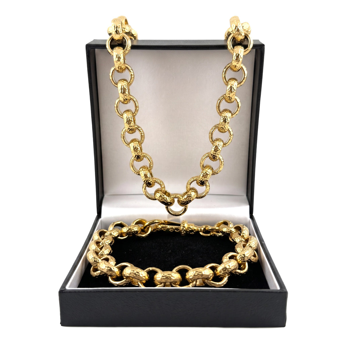 Gold Diamond-Cut Patterned Belcher Chain &amp; Bracelet Set 12mm