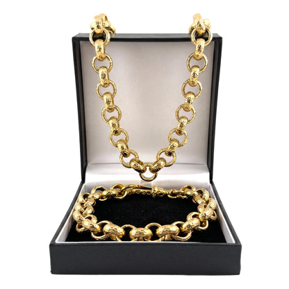 Gold Diamond-Cut Patterned Belcher Chain &amp; Bracelet Set 12mm