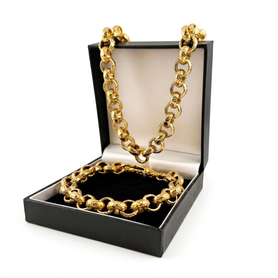 Gold Diamond-Cut Patterned Belcher Chain, Bracelet &amp; Set 12mm