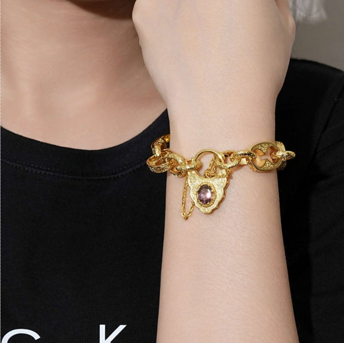 Gold-Filled Button Belcher Bracelet Vintage Padlock Clasp – 8 Inches