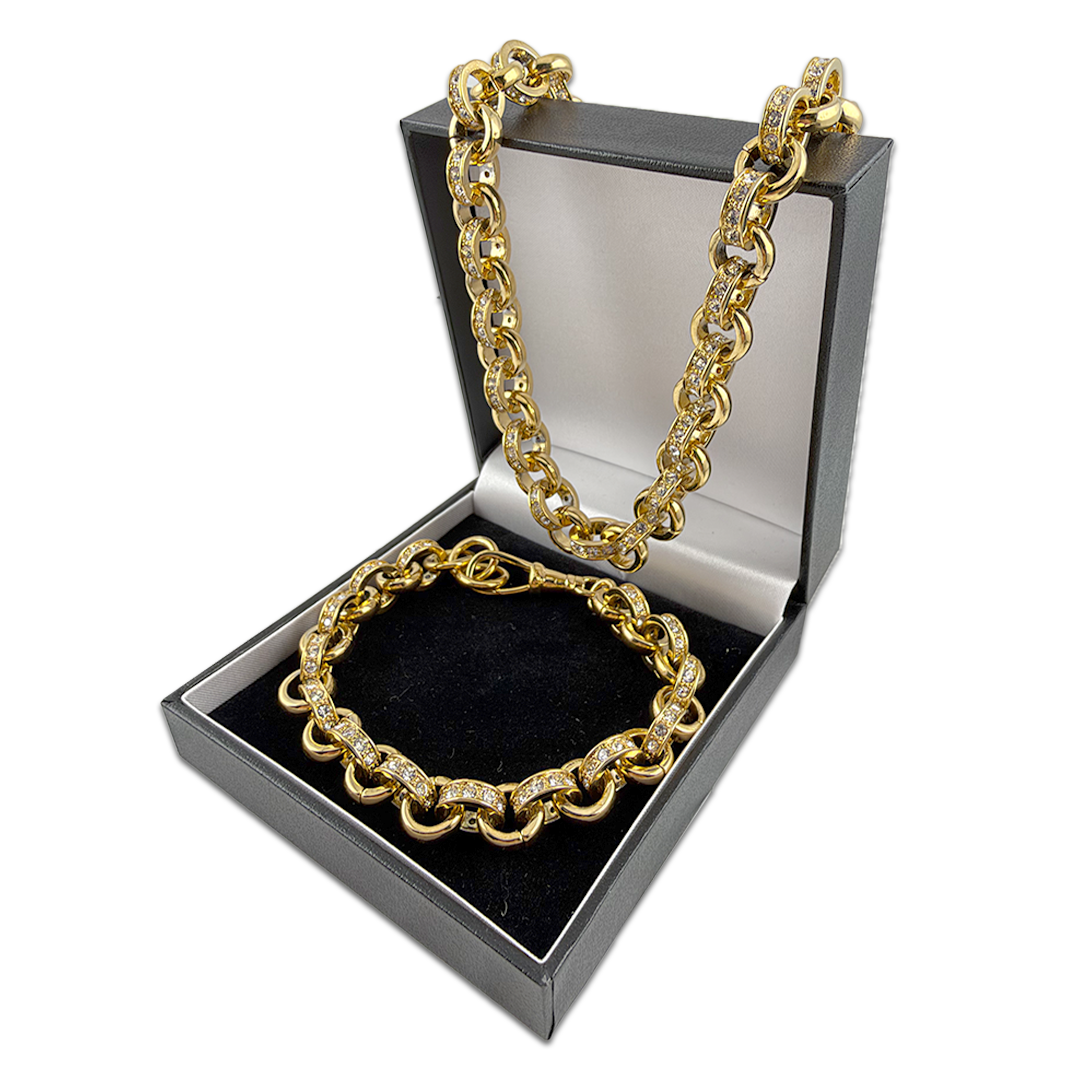 Gold Belcher Chain &amp; Bracelet Set with Albert Clasp 10mm