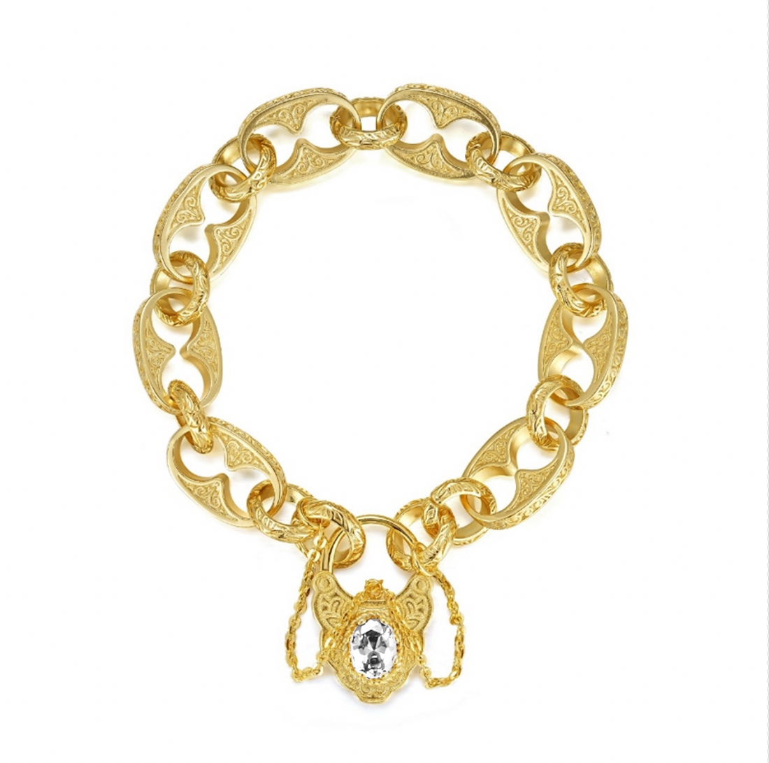 New Gold-Filled Button Belcher Bracelet with Clear Stone and Vintage Padlock Clasp – 8 Inches