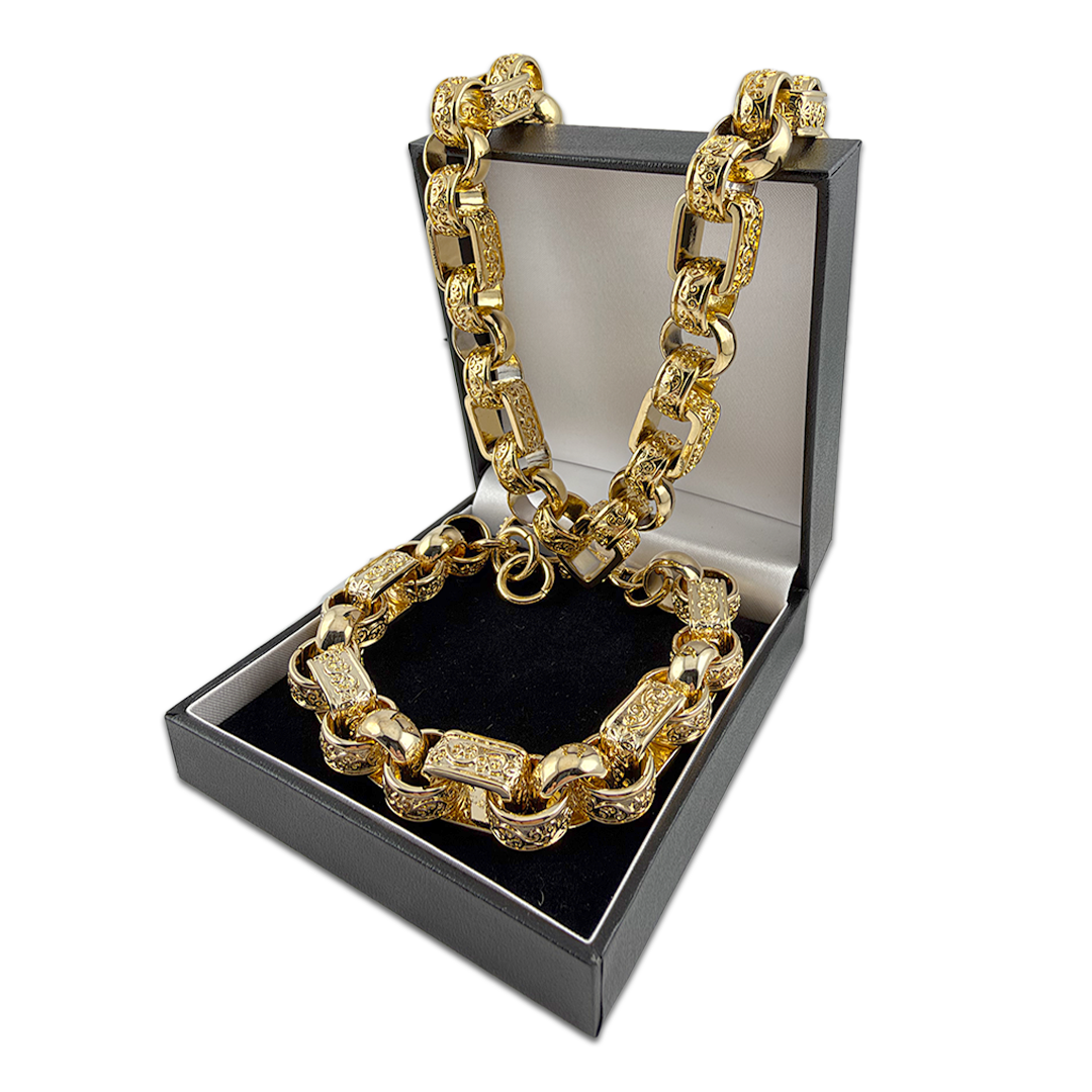 Gold Gypsy Link Belcher Chain &amp; Bracelet Set 10mm
