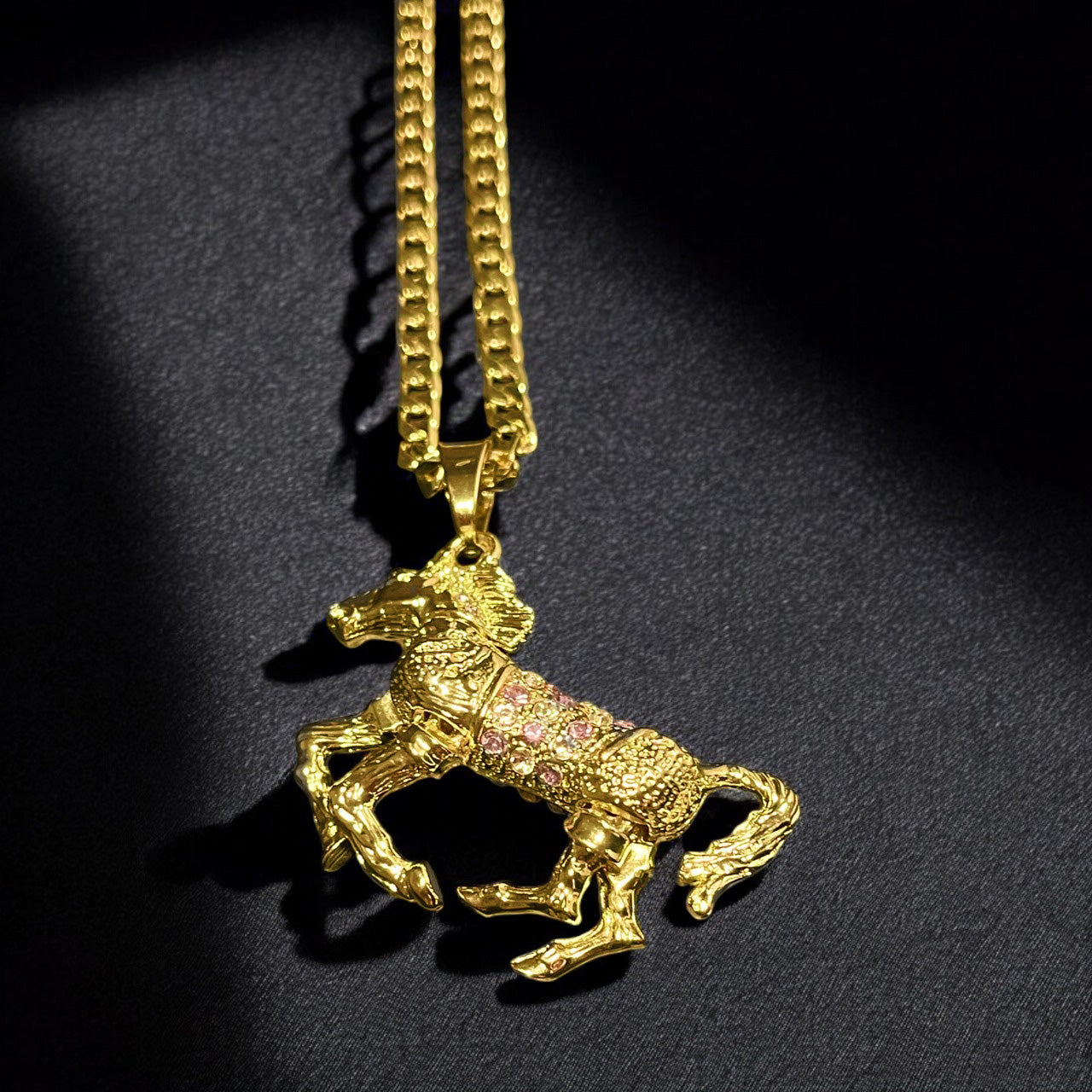 New Gold Horse Pendant with Pink Stones on 24-Inch 4mm Cuban Chain