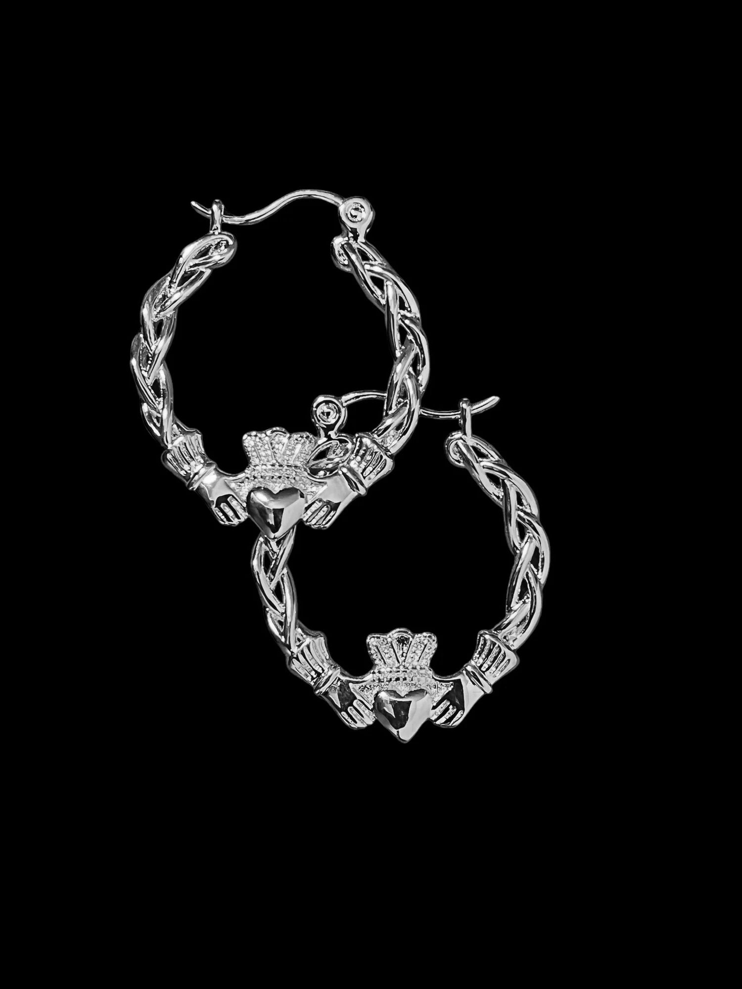 40mm Light Silver Claddagh Hoop Earrings Lightweight, High Polish, 3.9g Each