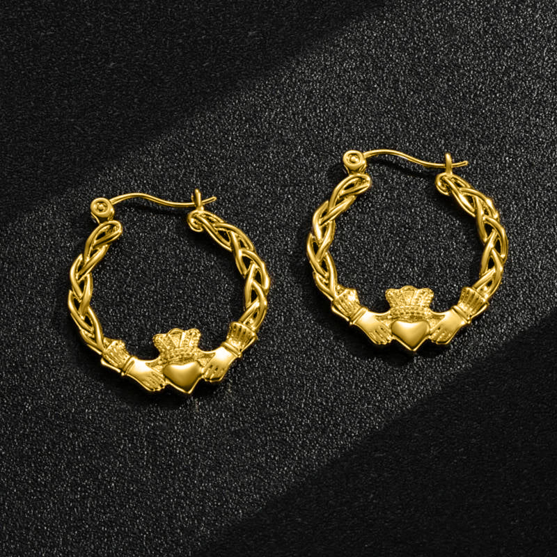 40mm Light Gold Claddagh Hoop Earrings Lightweight High Polish Trendy Jewellery