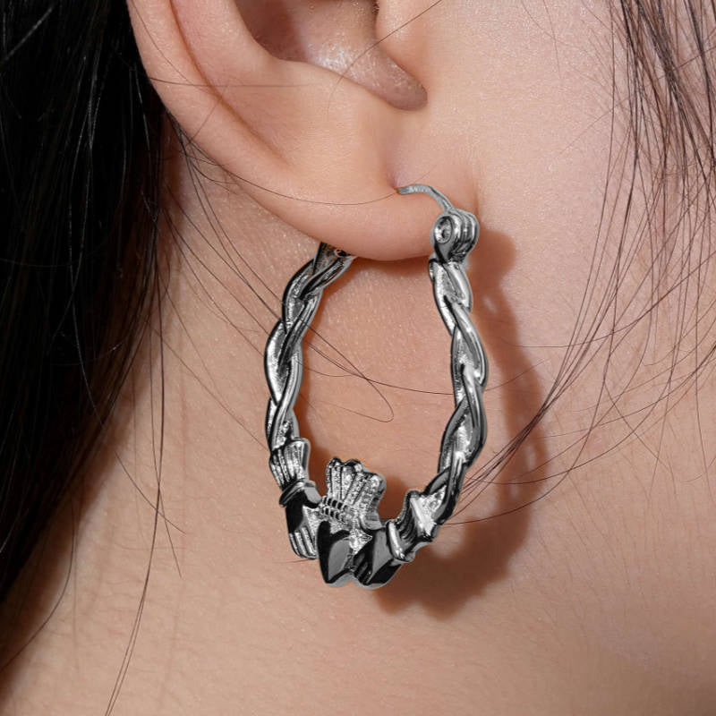 40mm Light Silver Claddagh Hoop Earrings Lightweight, High Polish, 3.9g Each