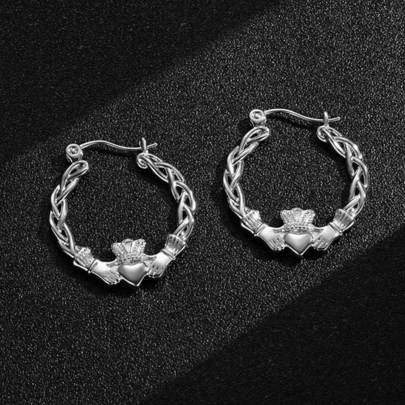 40mm Light Silver Claddagh Hoop Earrings Lightweight, High Polish, 3.9g Each