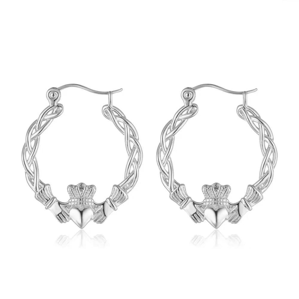 40mm Light Silver Claddagh Hoop Earrings – Lightweight, High Polish, 3.9g Each