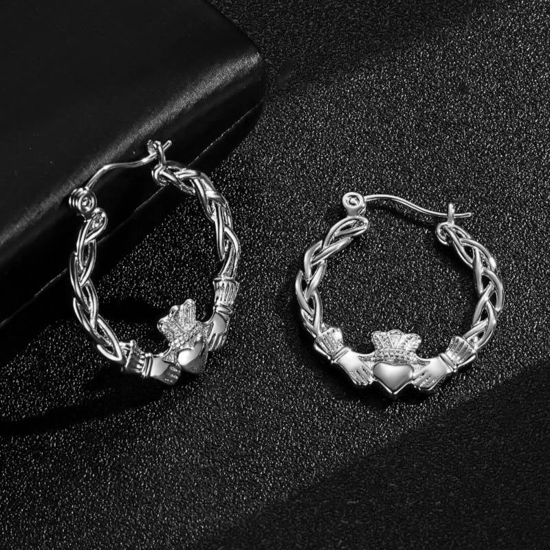 40mm Light Silver Claddagh Hoop Earrings Lightweight, High Polish, 3.9g Each