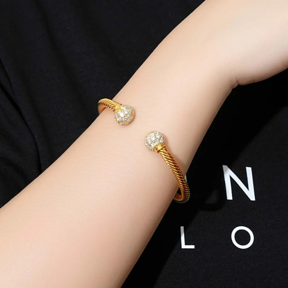 4mm Gold Ball Torque Bangle Bracelet with Stones – 7.5/8 Inch