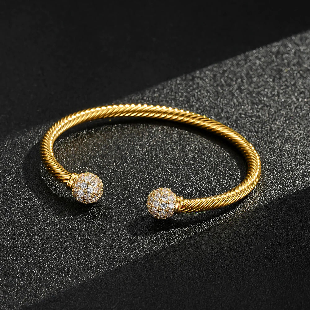 4mm Gold Ball Torque Bangle Bracelet with Stones – 7.5/8 Inch