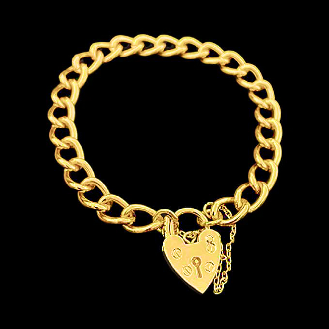7mm Gold Curb Bracelet with Heart Padlock Charm – 8 Inches