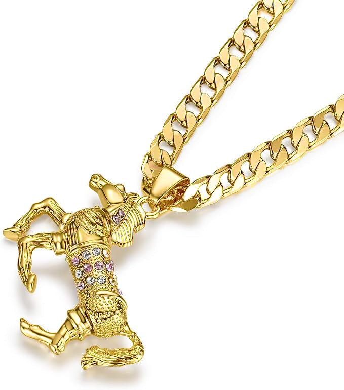 New Gold Horse Pendant with Pink Stones on 24-Inch 4mm Cuban Chain