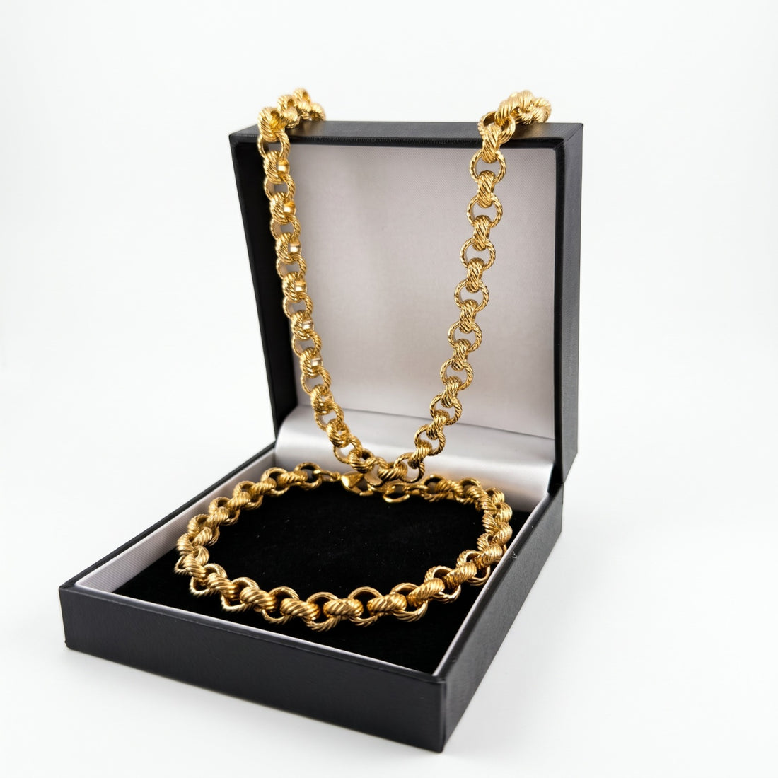 Gold Lined Patterned Belcher Chain, Bracelet &amp; Set 9mm