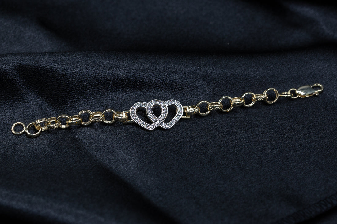 9ct Yellow Gold Double CZ Open Heart Belcher Bracelet