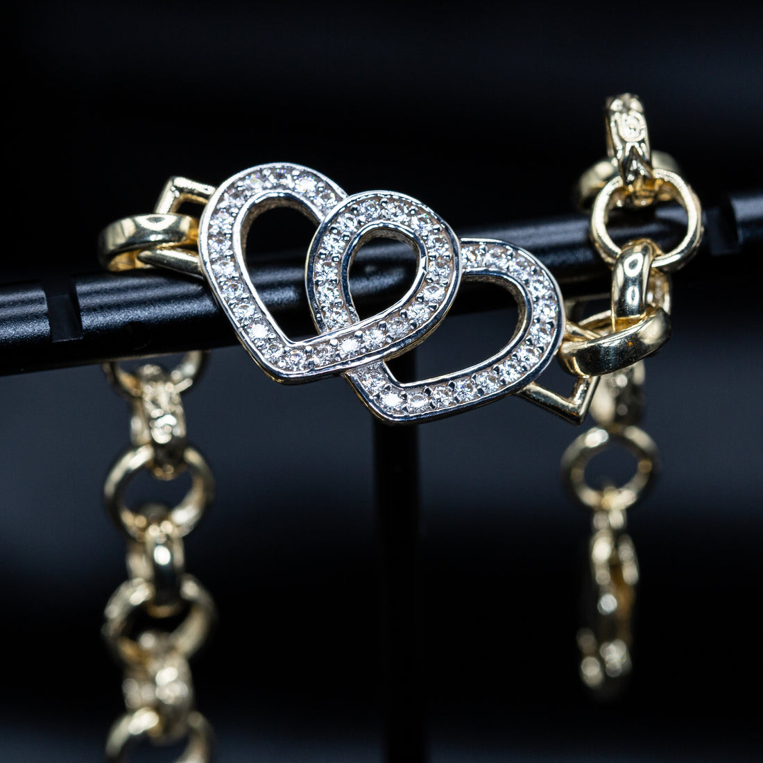 9ct Yellow Gold Double CZ Open Heart Belcher Bracelet