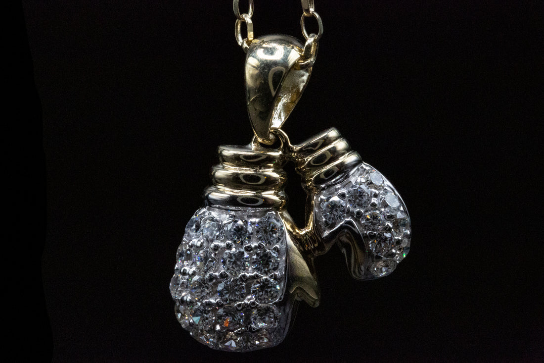 9ct Yellow Gold CZ Boxing Gloves Pendant &amp; 9ct Gold Diamond Cut Belcher Chain (24 Inch)