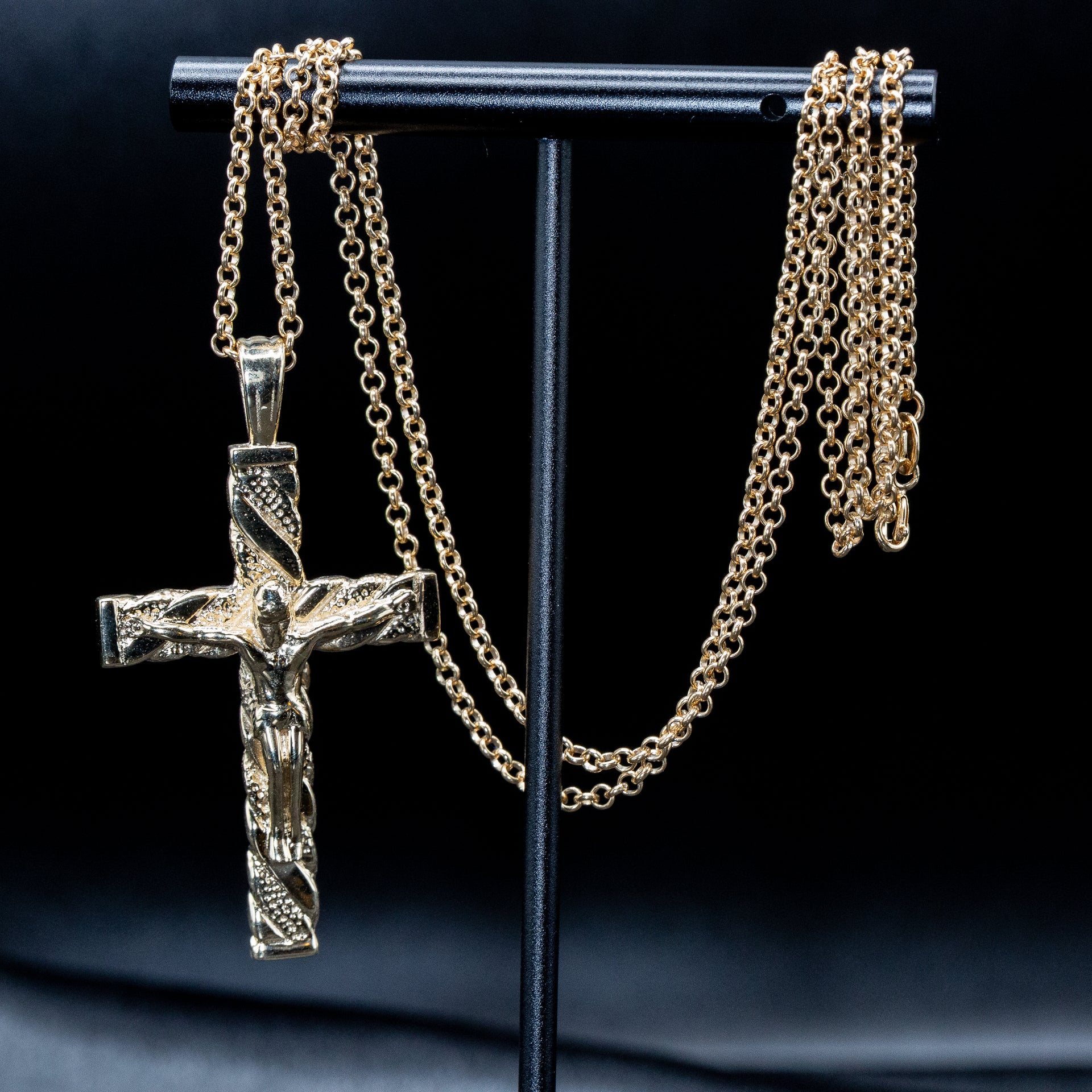 Yellow Gold Engraved Crucifix Cross Pendant & Gold Round Belcher Chain