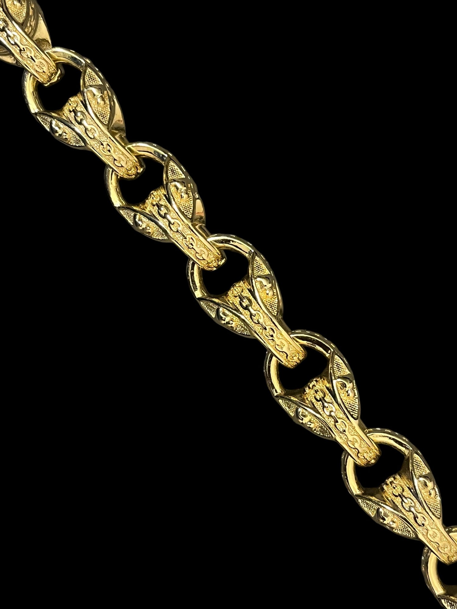 Big gold tulip bracelet, 14mm wide, 8-9 inches, 97 grams, for 8.5-inch wrists.