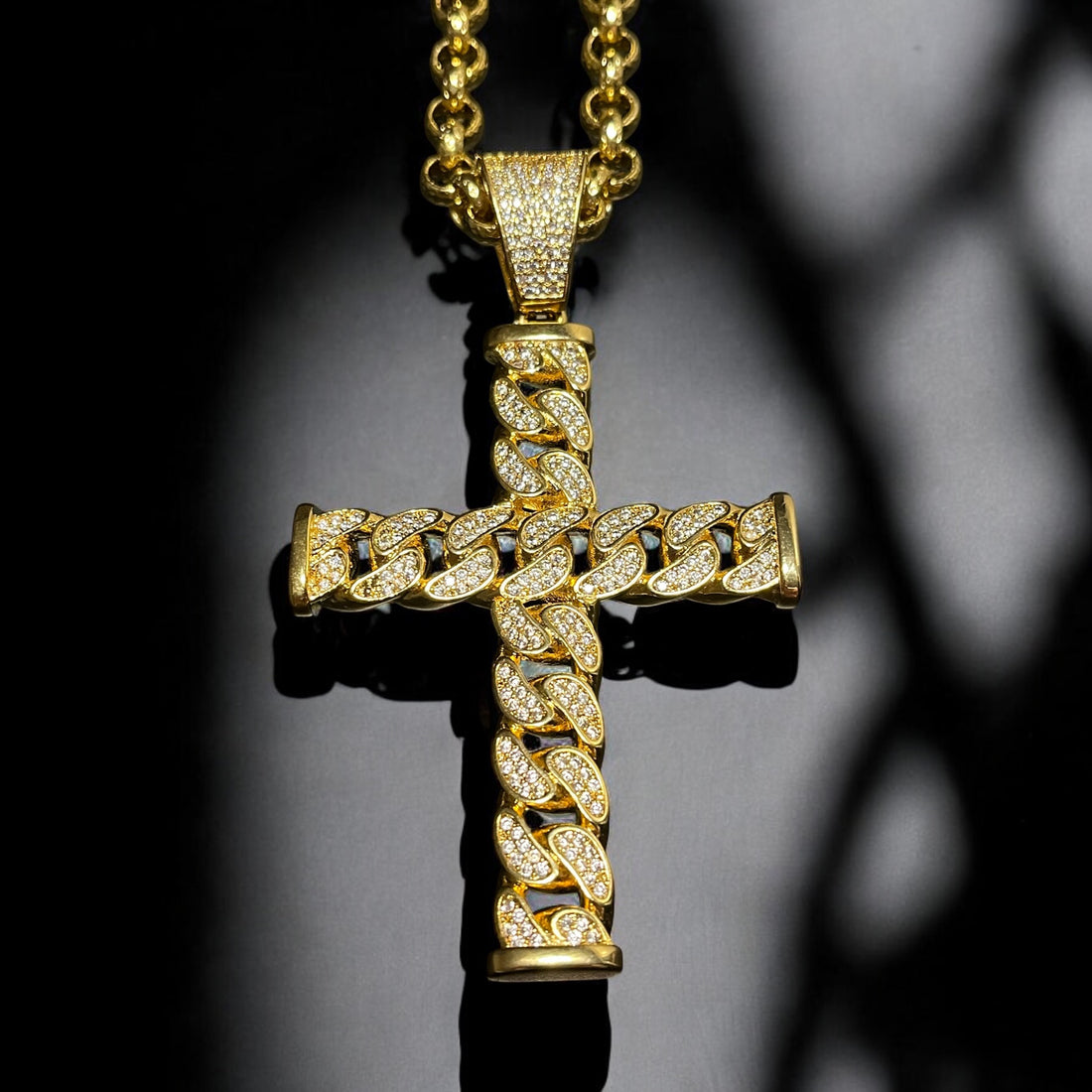 Gold Curb Cuban Cross Pendant 24 Inch 8mm Belcher Chain