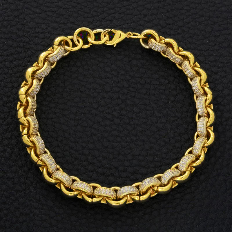 8mm Gold Belcher Bracelet with CZ Stones - 8 Inches