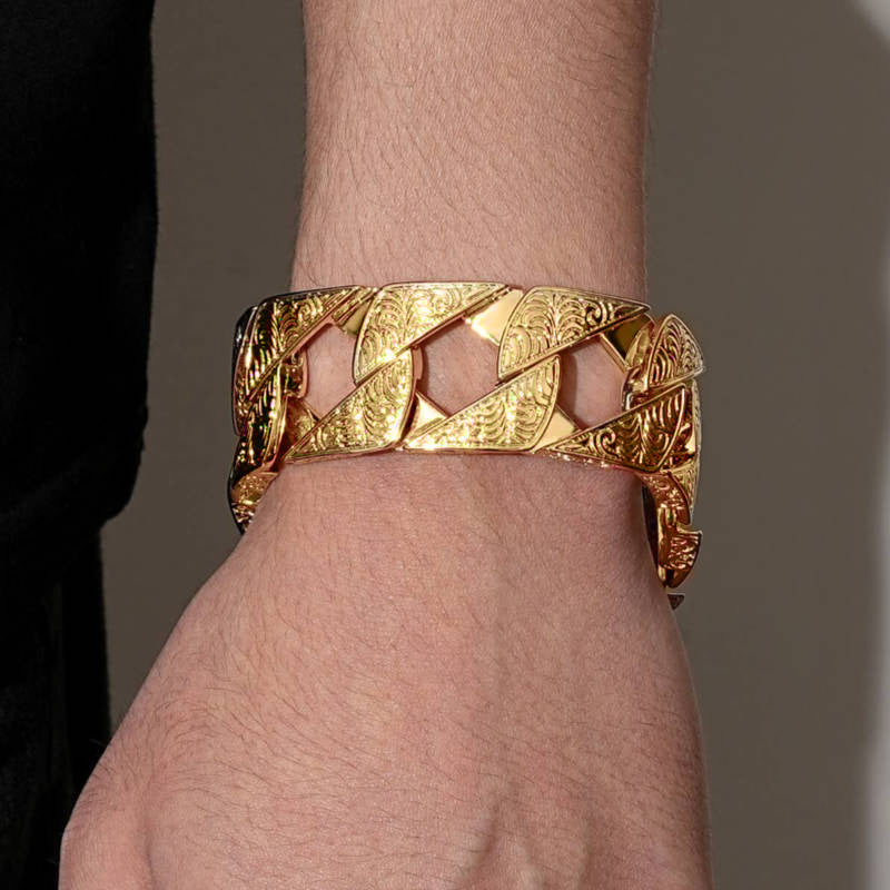 New 26mm Gold-Filled Ornate Chaps Cuban Curb Bracelet – 9-Inch
