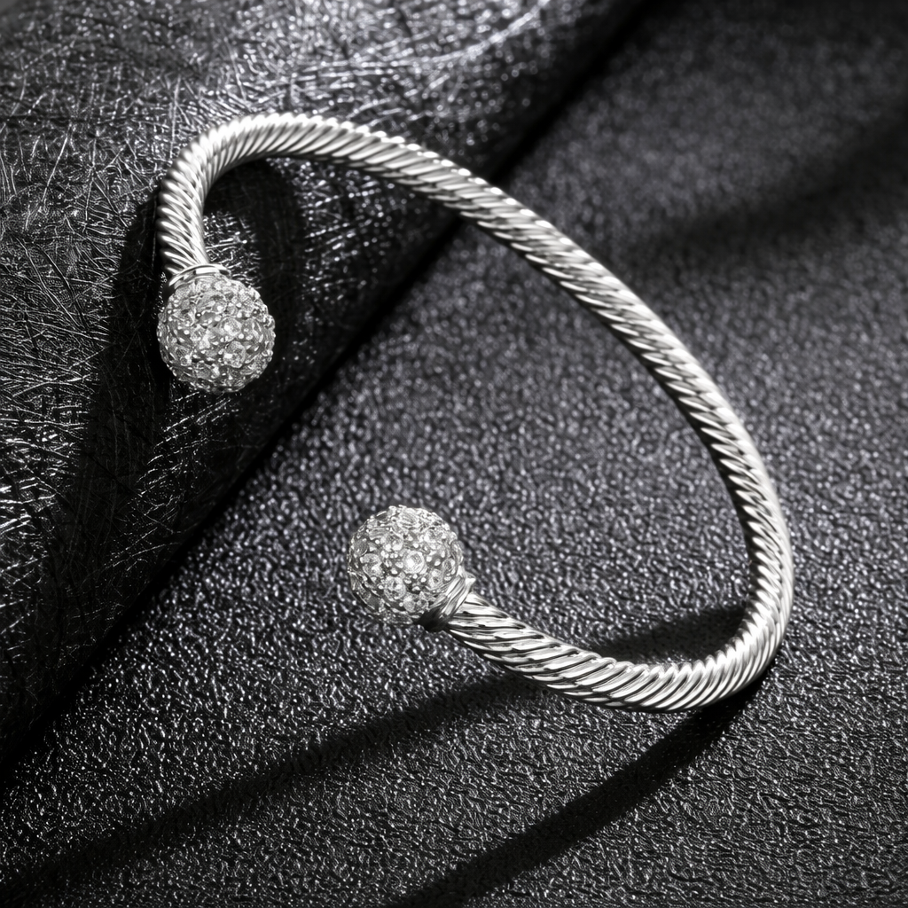 New 4mm Silver Ball Torque Bangle Bracelet with Stones 7.5/8 Inch