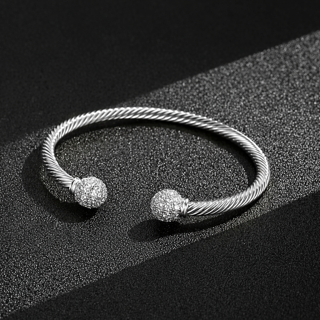New 4mm Silver Ball Torque Bangle Bracelet with Stones 7.5/8 Inch