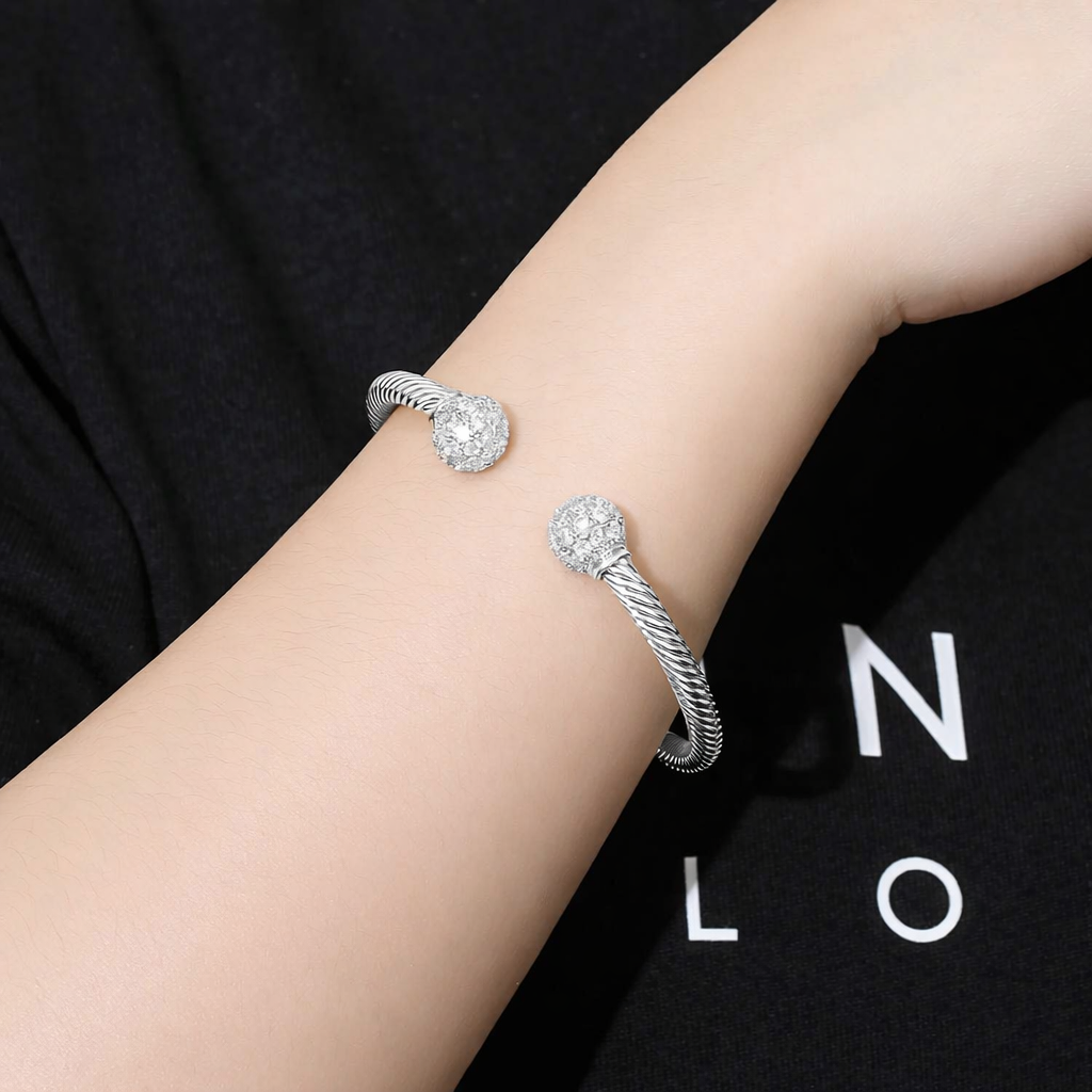 New 4mm Silver Ball Torque Bangle Bracelet with Stones 7.5/8 Inch