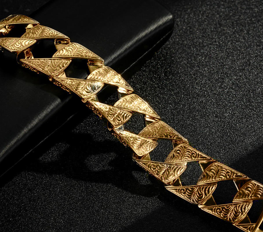 New 26mm Gold-Filled Ornate Chaps Cuban Curb Bracelet – 9-Inch