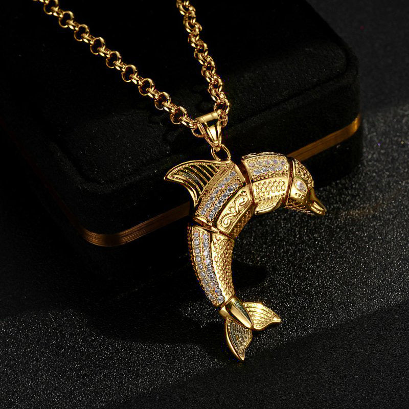 Gold-Filled Dolphin Pendant with Stones on 24-Inch Belcher Chain
