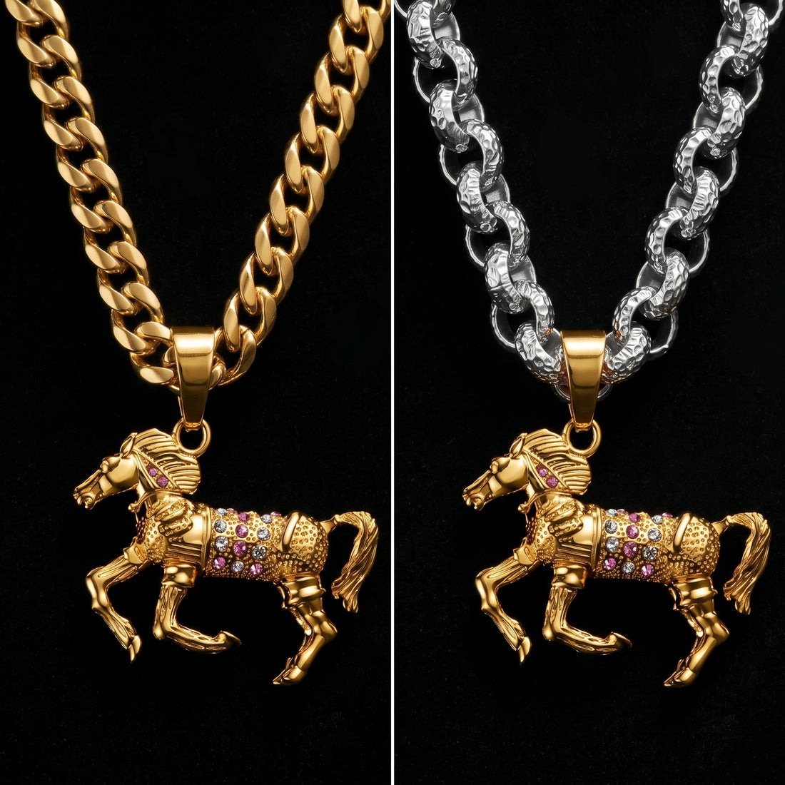 Gold 3D Horse Racing Pendant Necklace with Chain Options