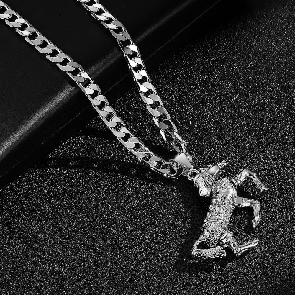 Silver Horse Pendant with Clear Stones – 24 Inch 4mm Cuban Chain