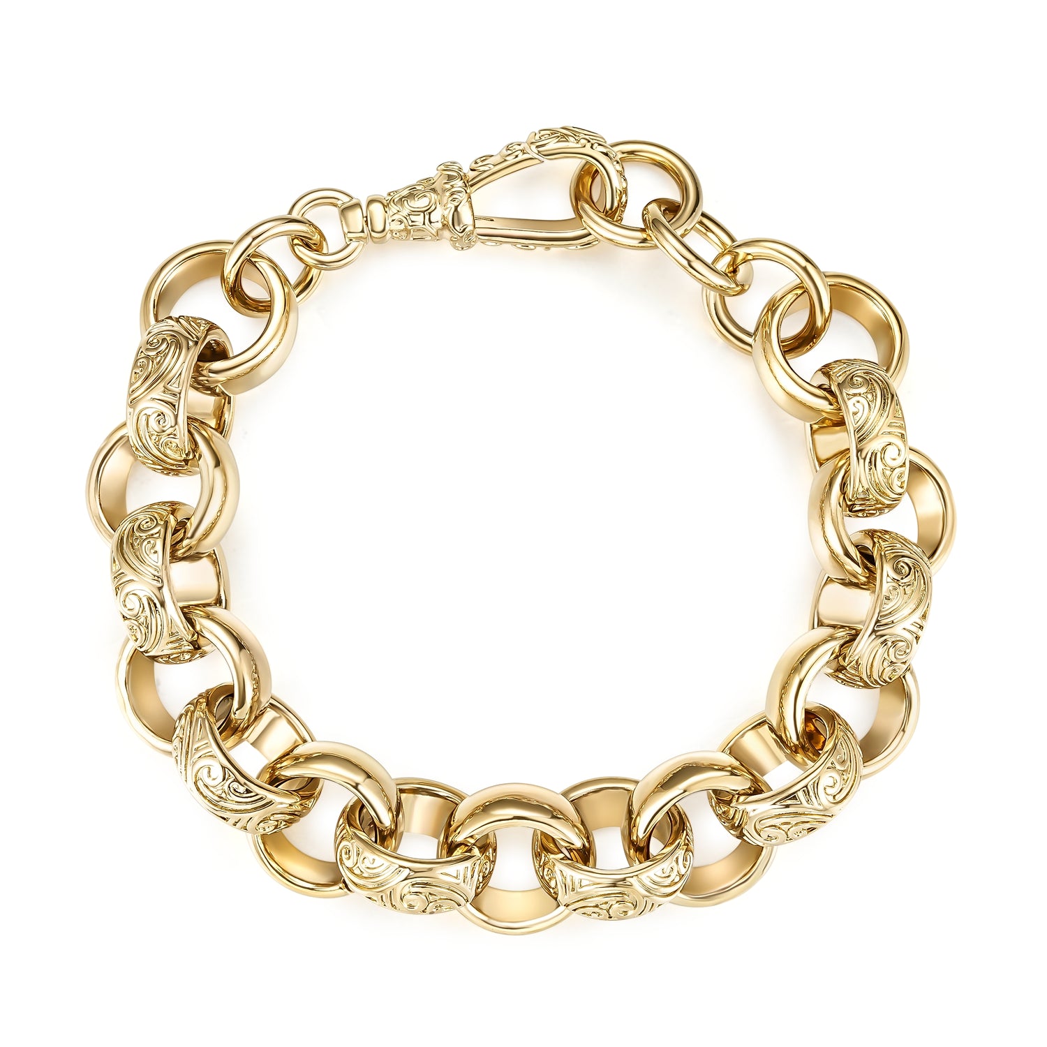 8-inch gold-filled Belcher bracelet, 18mm wide, 50 grams, with crystal design.