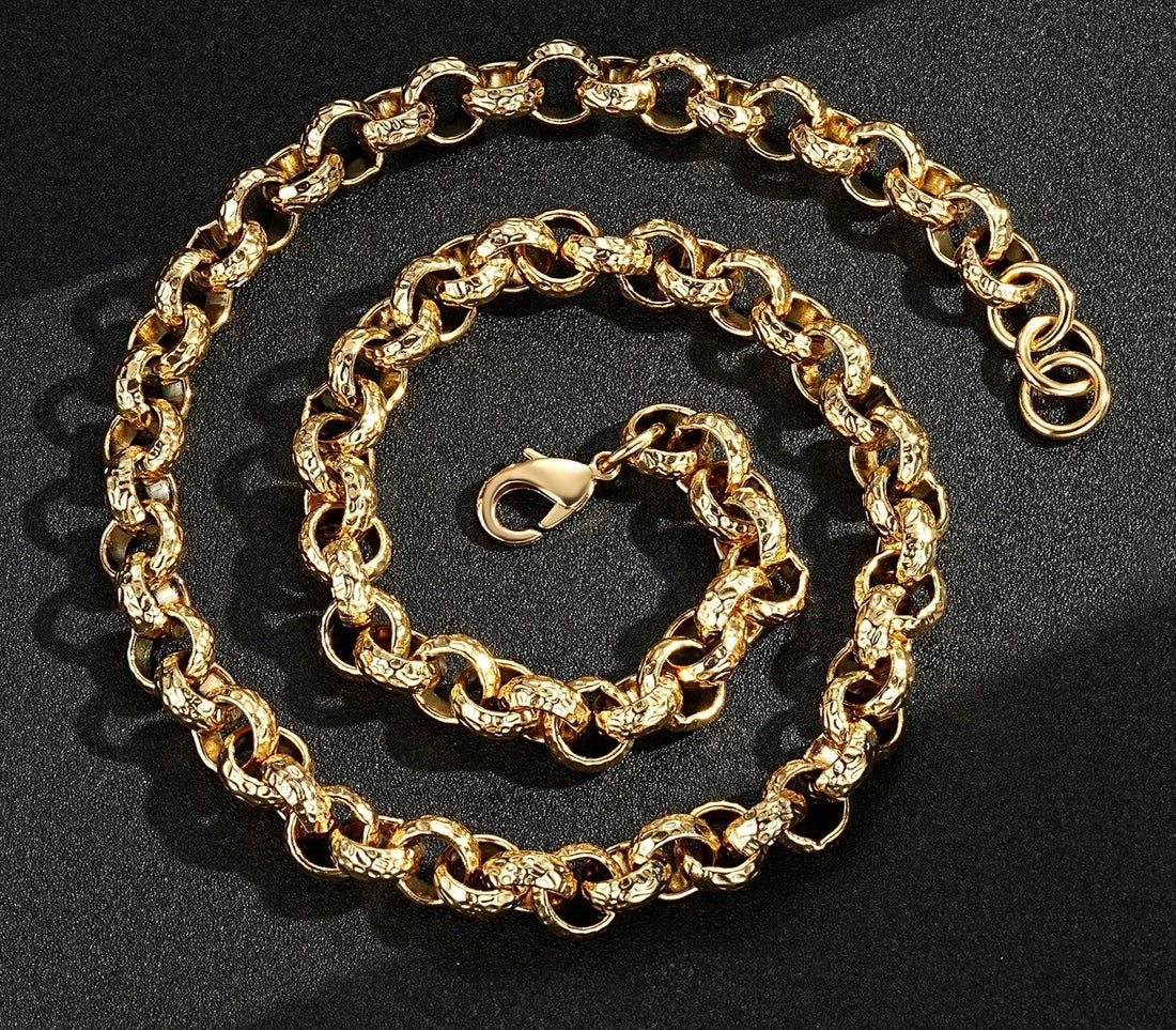 Gold Diamond-Cut Patterned Belcher Chain &amp; Bracelet Set 12mm