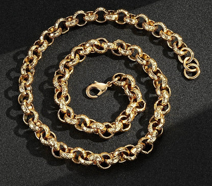 Gold Diamond-Cut Patterned Belcher Chain &amp; Bracelet Set 12mm