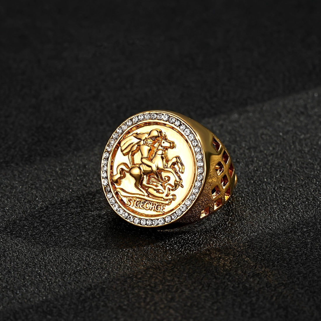 Waterproof Gold St George Sovereign Adjustable Ring with Stones