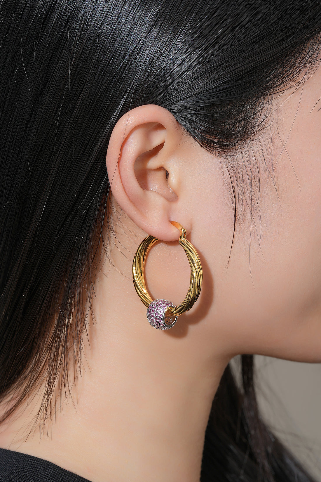 Gold Pink Disco Ball Hoop Earrings