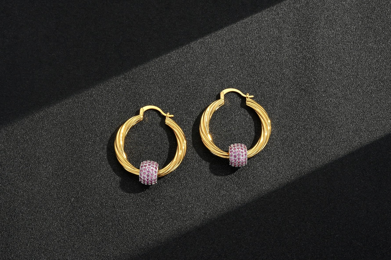 Gold Pink Disco Ball Hoop Earrings