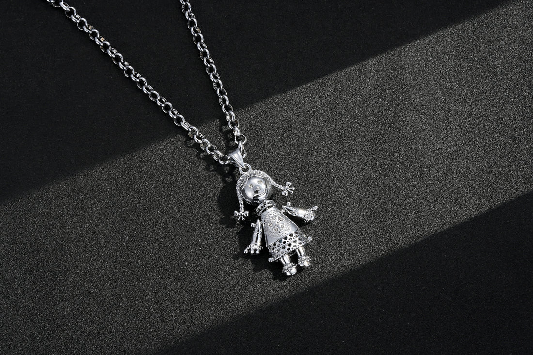 Silver-Filled Bonded Heart Rag Doll Pendant with Clear Stones on 24-Inch, 5mm Belcher Chain