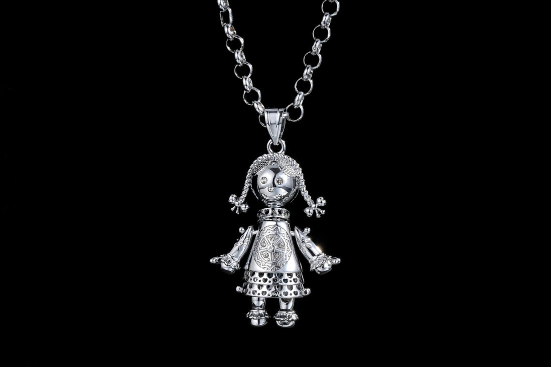 Silver-Filled Bonded Heart Rag Doll Pendant with Clear Stones on 24-Inch, 5mm Belcher Chain